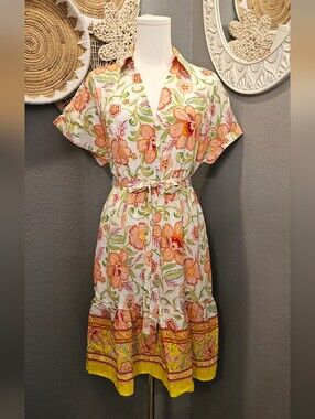 Sam Edelman Persian Garden Mini Shirtdress Orange Floral Belted, Multuple Sizes.